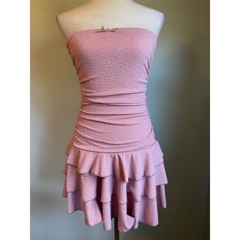 Y2K fairy Pink Glitter Strapless Ruched Tiered Ruffle Skort Romper Dress whimsi
